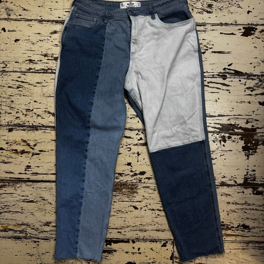 Hollister Curvy High Rise Mom Jeans Color Block Patchwork Size 15L 32x29 Raw Hem - Picture 7 of 10